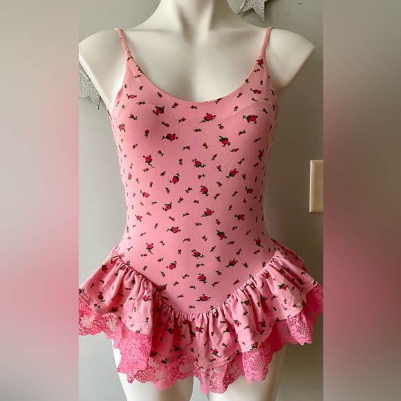 Vintage Betsey Johnson Pink Rosebud Cotton Swimsuit/Leotard. NWOT. Punk Label. - Picture 2 of 6